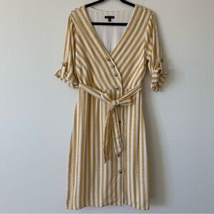 Lily Black Yellow White Striped Button Down Lined Linen Blend Midi Dress Small